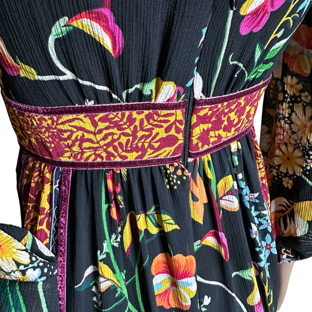Anthropologie Adair Vibrant Floral Velvet-Trimmed Midi Dress Flounce Ruffle - Picture 10 of 12